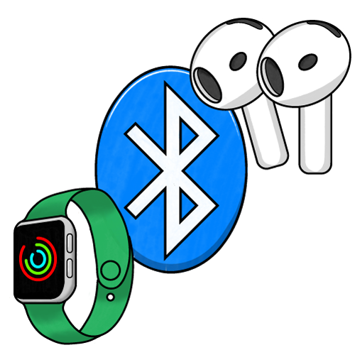 Bluetooth logo, smartwatch and AirPods